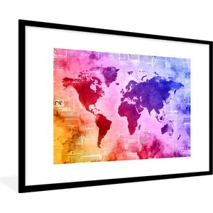 Fotolijst incl. Poster - Wereldkaart - Waterverf - Regenboog - 120x80 cm - Posterlijst