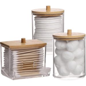 Cuhostki - 3x Wattenschijfhouder Met Deksel En Wattensstaafopbergdoos - Houten - Praktisch Voor Badkamer En Dressing