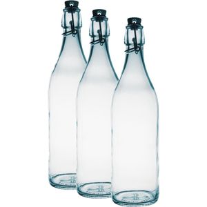 3x Glazen beugelflessen/weckflessen transparant 1 liter rond - Weckflessen - Beugelflessen - Limonadeflessen - Waterflessen - Karaffen