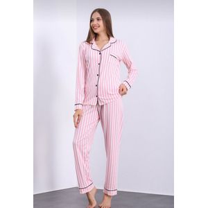 Katoen - Satijn Dames 2- Delige -Pyjama- Luxe Pyjamaset- Nachtkleding Roze Maat XL