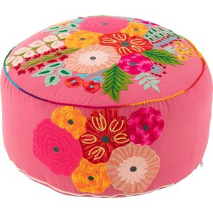 roze velours poef met geborduurde bloemen 10 x 50 cm