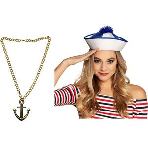 Carnaval verkleed Matrozen hoedje - wit - met gouden anker ketting - volwassenen - accessoires set