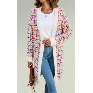 Crèmekleurige bouclé ruitjesvest met regenboogkleurige stippen