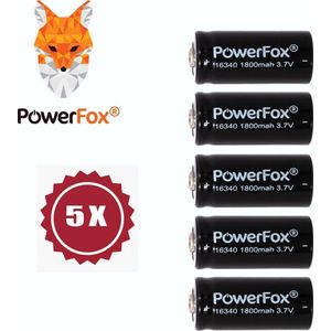 PowerFox® 5x 16340 Lithium batterij 3,7V 1800mAh oplaadbare batterijen zwart