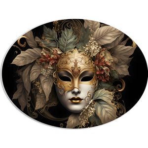 PVC Schuimplaat Ovaal - Venetiaanse carnavals Masker met Gouden en Beige Details tegen Zwarte Achtergrond - 68x51 cm Foto op Ovaal (Met Ophangsysteem)