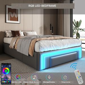 eenpersoonsbed 90x200 cm met 3 lades en ledverlichting, bed met opbergruimte en metalen lattenbodem, kunstleder, grijs(Matras niet inbegrepen)