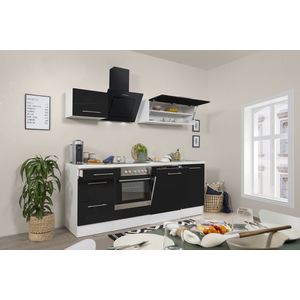 Goedkope keuken 220  cm - complete keuken met apparatuur Amanda  - Wit/Zwart - soft close - keramische kookplaat - vaatwasser - afzuigkap - oven  - spoelbak