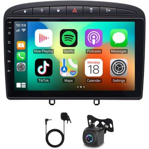 4G+64G Car Stereo for P-eugeot 308 2007-2015 for Carplay Android Auto GPS Navigation, Android 13 Radio 2 Din with 9 Inch Touchscreen Bluetooth WIFI FM SWC Mirror Link + Backup Camera