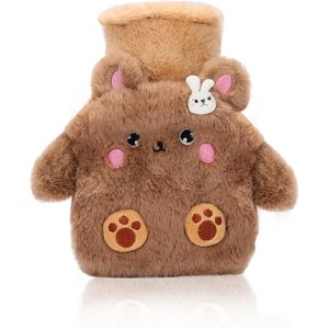 Daity Bruine beer rubberen kruik met zachte afneembare gebreide hoes, klassieke rubberen kruik voor warm en koud water met schattige patronen, kan handen en voeten verwarmen en schouderpijn verlichten