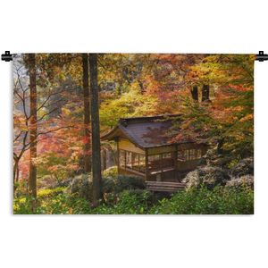 Wandkleed Japanse esdoorn - Japanse esdoorns bij een paviljoen in het bos Wandkleed katoen 150x100 cm - Wandtapijt met foto