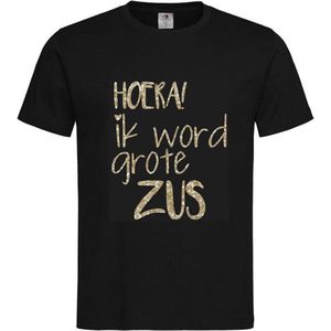 Shirt Aankondiging zwangerschap Hoera, Ik word grote zus | korte mouw | Zwart/Champagne Goud GLITTER | maat 86/92 zwangerschap aankondiging bekendmaking Baby big sis sister Grote Zus