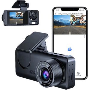 1080P Dashcam met wifi voor auto's, 3-kanaals dashcam voor en achter, 2,0 inch IPS-scherm, loop-opname, G-sensor, WDR, 24-uurs parkeermodus, bewegingsdetectie