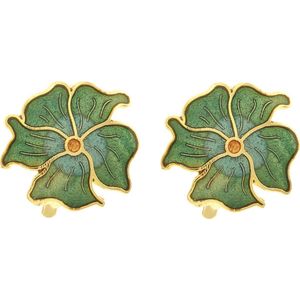 Behave Dames clip oorbel bloem groen emaille - 2 cm doorsnede