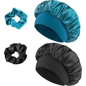 Brenzoos - Satijnen nachtmuts met elastieken en haarkaarten, haarbescherming, zwart en pauwenblauw