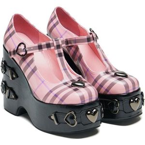 KOI Sweet Apathy Plaid Wedge Mary Janes Dames Hoge Hakken - EU36