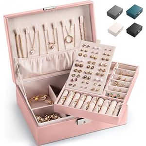 Sieradenkoffer Sieradenkistje Dubbellaags Sieradendoos Sieradenkastje Organizer voor kettingen, oorbellen, ringen, vrouwen (Roze)