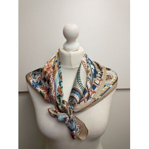 Vierkante dames sjaal Maci fantasiemotief beige wit licht blauw oranje zwart bruin abrikoos groen petrol 90x90