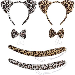 Leopard Costume 6 Pieces - Ears Headband, Tail, Bow Tie Set for Kids Adults - Cheetah Accessory Fancy Dress Up