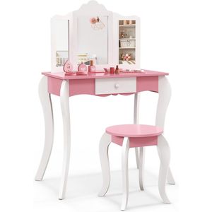 Make-uptafel voor kinderen, met kruk, kaptafel met 3-voudige afneembare spiegel, kaptafel van hout met lade, 68 x 42 x 100 cm (roze + wit)