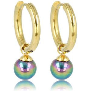 My Bendel - Goudkleurige oorbel zwarte parel balletje - Goudkleurige Oorringen met Mystieke Zwarte Parel - Met luxe cadeauverpakking