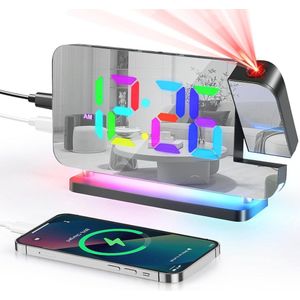 Digitale wekker met projectie en LED-spiegelklok - 10 kleuren nachtlampje, 180° draaibare projector, USB-C oplader - perfect voor kinderen en slaapkamers