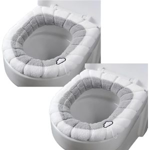 2 stuks - Toiletbrilhoezen - Toiletbrilhoezen voor thuis - Zachte toiletbrilhoezen - Met handvat - Zachte, warme, wasbare toiletbrilhoezen voor in de badkamer - Grijs