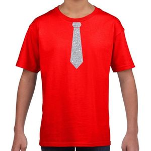 Rood fun t-shirt met stropdas in glitter zilver kinderen - feest shirt voor kids 110/116
