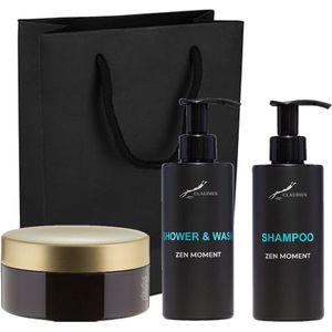 Douchepakket Zen Moment - Shower & Wash + Shampoo + Scrubzout 300 gram - 300 ml per fles - set van 3 stuks - met luxe gift tas - cadeau - giftset voor hem en haar