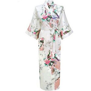 KIMU® Kimono Wit 7/8e - Maat S-M - Yukata Satijn Boven de Enkel - Lange Witte Ochtendjas Japanse Kamerjas Sexy Satijnen Badjas Geisha Pauw Pyjama Festival