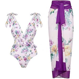 Badpak Set Dames - Vintage Bloemenprint - Slimmend Zwempak met Wikkelrok - Voor Strand & Zwembad - Eén Stuk Swimwear - Vrouwen - Bloemen - S - 1 set