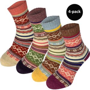 WeirdoSox dames sokken gemaakt met wol - Scandinavische print - 4 paar - Maat 36-41 - Beige - Geel - Donker Paars - Licht Paars