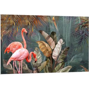 Forex - Foto van Flamingo's tussen de Bladeren - 120x80cm Foto op Forex