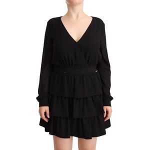 Zwarte polyester lange mouwen V-hals mini A-lijn jurk
