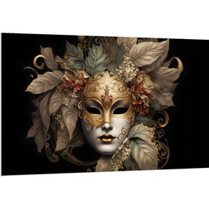 PVC Schuimplaat - Venetiaanse carnavals Masker met Gouden en Beige Details tegen Zwarte Achtergrond - 150x100 cm Foto op PVC Schuimplaat (Met Ophangsysteem)
