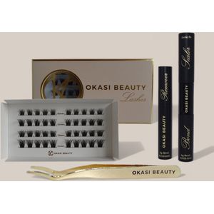 Okasi Beauty - Sassy Lashes Starter Kit - Complete DIY Wimperset met wimperplukjes - Mix lengte 10-12-14 mm - Bond & Sealer - Remover - Applicator - Glam full volume wimperlook - wimperextensions