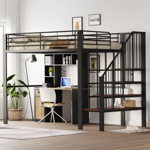 Hoogslaper, 140 x 200cm, Stevige metalen constructie met ruime opbergruimte onder het bed en de trap Ideaal voor kinderen en volwassenen, Opbergbed voor maximaal ruimtegebruik, zwart