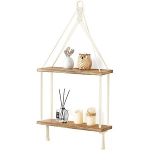 Muur Opknoping Plank - 2 Tier - Boho Kamer Decor - Handgemaakte Katoenen Touw - Rustiek Hout - Drijvende Planken - Foto's Planten Opslag - Rekken - Woonkamer Kinderkamer Badkamer