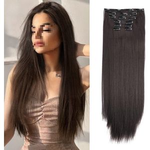 Clip-in haarstukjes set van 6 stuks, rechte nep extensions zonder zichtbare naden, 24 inch hittebestendig synthetisch haar, rechte extensions zonder zichtbare naden voor vrouwen, minimale geur, weinig haaruitval, stijl 7