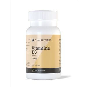 Vital Nutrition Vitamine D3 - 75 mcg/3000 IE - Als Cholecalciferol - Met olijfolie voor superieure opname - 100 softgels