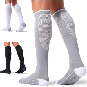 Compressiesokken van 3 paar - 11×35×18 cm - Compressiesokken voor heren en dames - Sokken ter ondersteuning van de bloedsomloop - Sportsokken - Mercury Column Running Support Socks - Geschikt voor wandelen, reizen en sporten - Wit, Zwart, Grijs