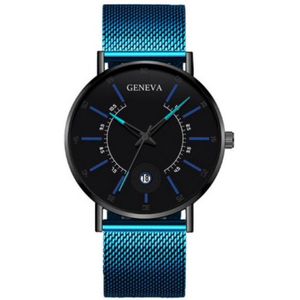 Hidzo Horloge Geneva - Met Datumaanduiding - Ø 40 mm - Blauw/Blauw - Staal