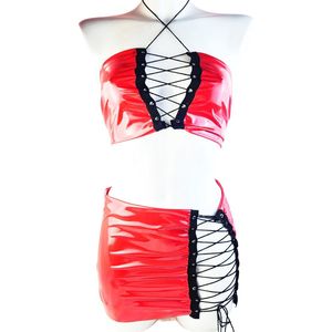 BamBella® Rok en top - Maat XXL - Rood Sexy Set van Datex (Mix latex en stof ) Erotische dames kleding set kostuum Rok Lak glans shiny paal dans pak sexy kleding dames