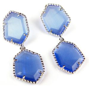Zilveren oorringen oorbellen Model Hexagon met blauwe stenen