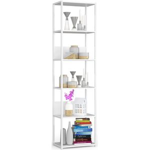 Open Boekenkast, Ladderkast, Loft Design / Metalen Vakkenkast met 6 Planken / Opbergplank / Boekenrek Opslagrek / Wit / 50 x 192 x 32 cm