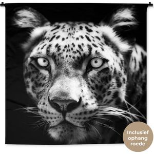 Wandkleed Close-up Dieren in Zwart-Wit - Close-up Perzisch luipaard tegen zwarte achtergrond in zwart-wit Wandkleed katoen 150x150 cm - Wandtapijt met foto