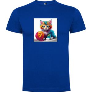 Kobalt Blauw T-Shirt met “ Kleurrijke Kitten met bol wol“ Print Full Color maat 104 / 3/4 jaar