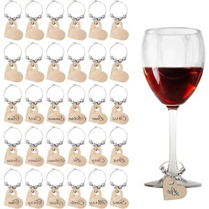 Houten wijnbedels 30 stuks - Hartvormige wijnglazen ringen - Wijnglas identificatoren voor drankjes - Wijnproeverij bruiloft feest