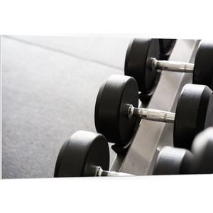 PVC Schuimplaat- Foto van een Rij Dumbells (Zwart-wit) - 105x70 cm Foto op PVC Schuimplaat