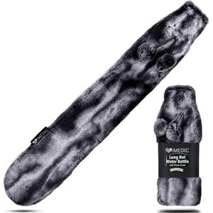 Extra lange warmwaterkruik bedekt met luxe fleece of gebreide hoes - deksel UK - grote warmwaterkruik - imitatiebont donkergrijs