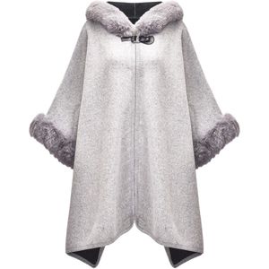 Vrouwen Winter Hooded Poncho Cape Faux Fur Warm Vest Trui Mantel, Lichtgrijs, Eén Maat